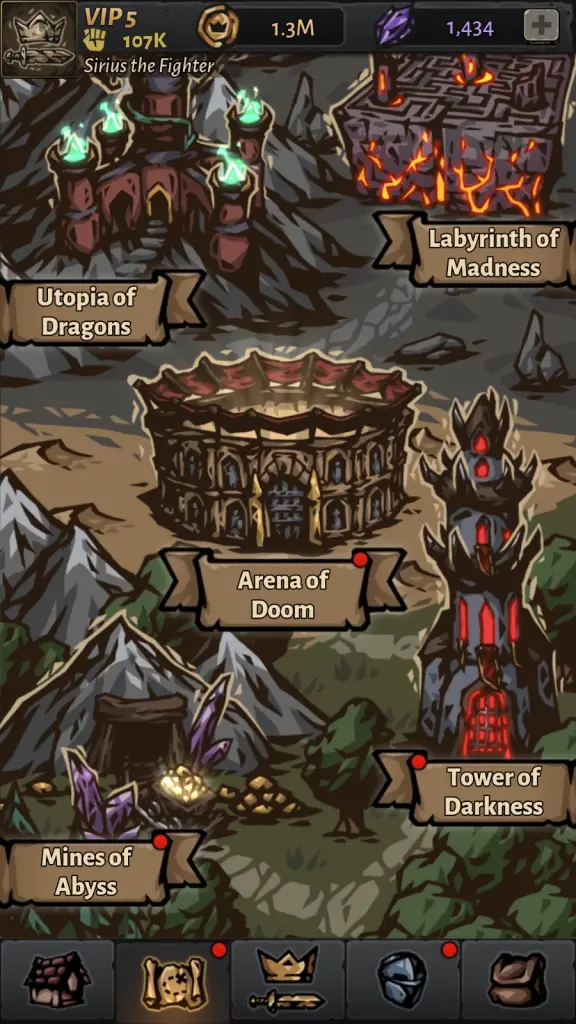 Mine of Abyss, Tower of Darkness, Arena of Doom, Utopia of Dragons and Labyrinth Madness in Darkest Afk