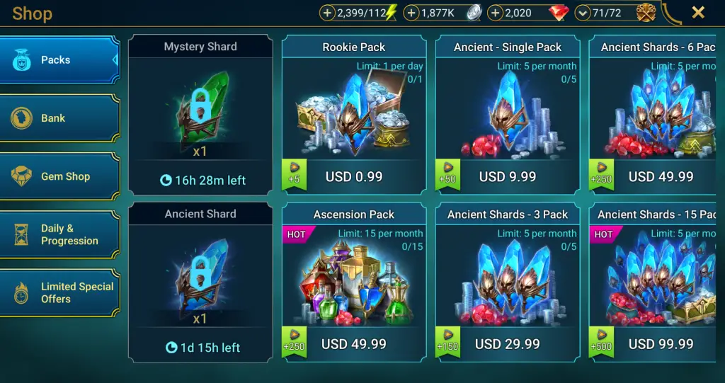 In-game purchases in Raid Shadow Legends